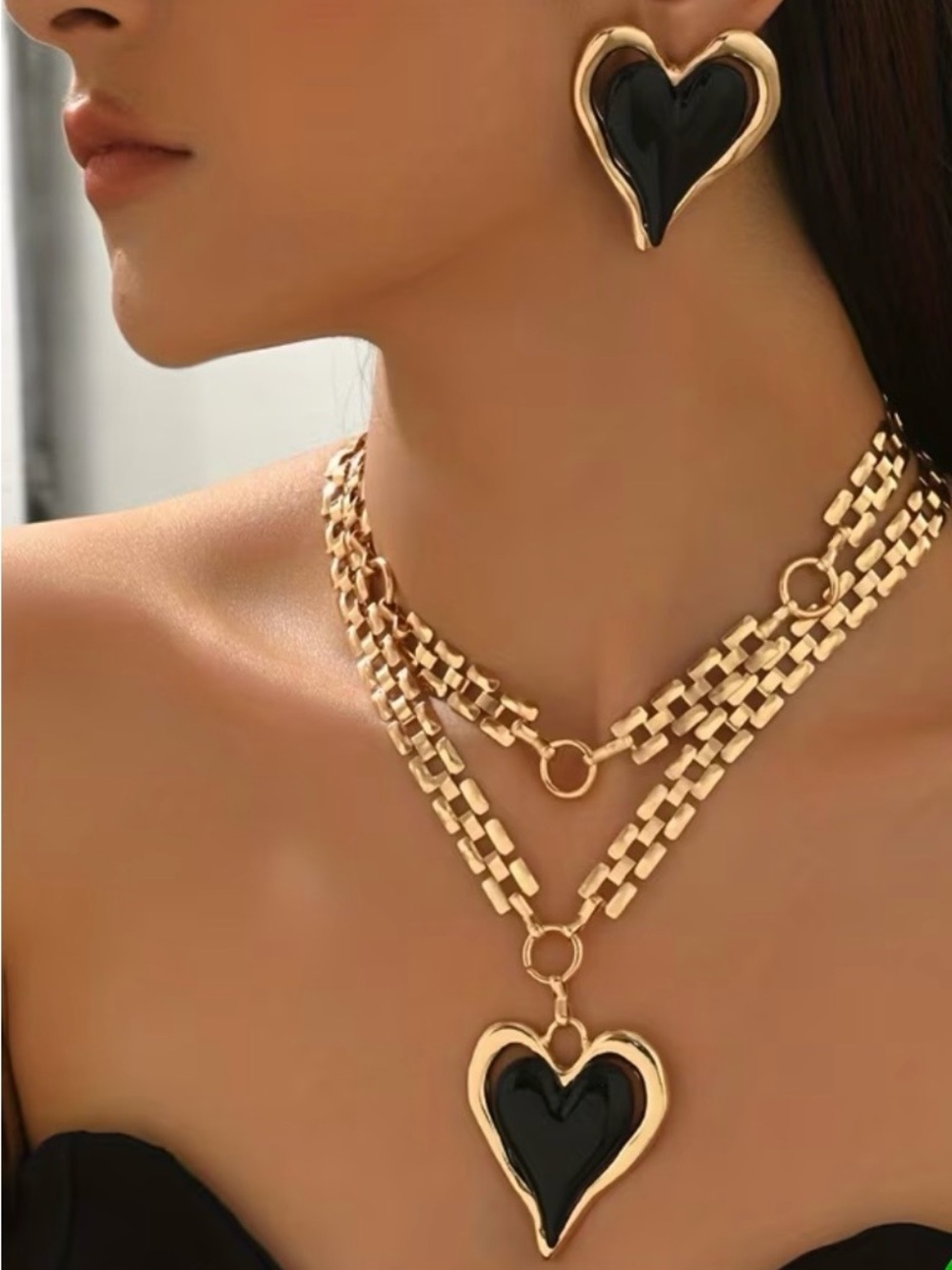 Gold and Black Heart Pendant Necklace & Earrings Set - Picture 3 of 6